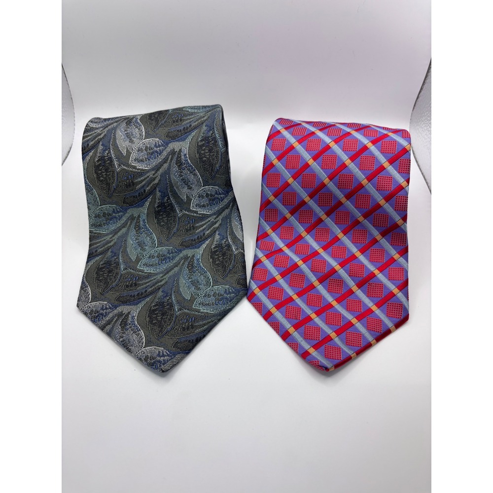 Robert Talbott Silk Tie Lot Mens OS Grey Red Leaf Plaid Nordstrom Best of Class